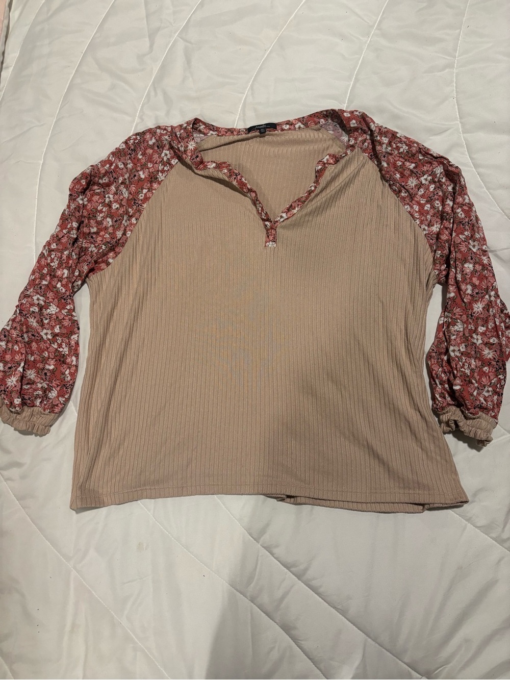 Angels Beige Ribbed Henley with Rose Floral Raglan Sleeves 3X